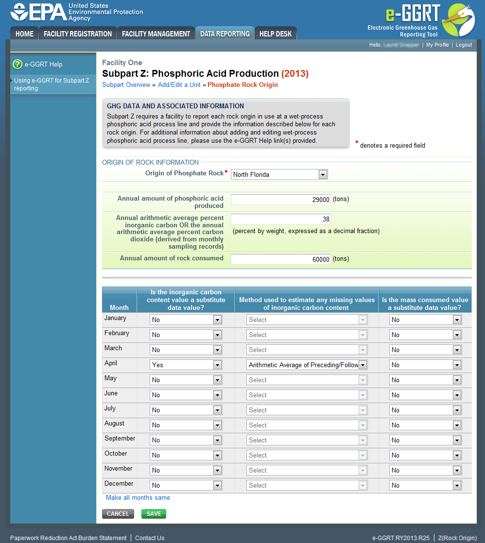Subpart Z: Step 4 - Enter the Phosphate Rock Origin for a unit